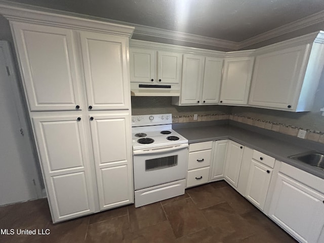 600 Jackson Ave, Mccomb, MS 39648 - kitchen with electric stove, under cabinet range hood, white cabinetry, ornamental molding, and dark countertops