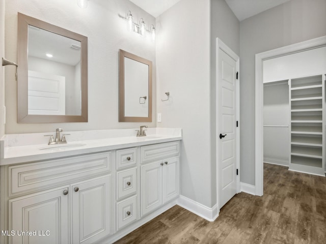 bathroom with baseboards, wood finished floors, double vanity, and a sink