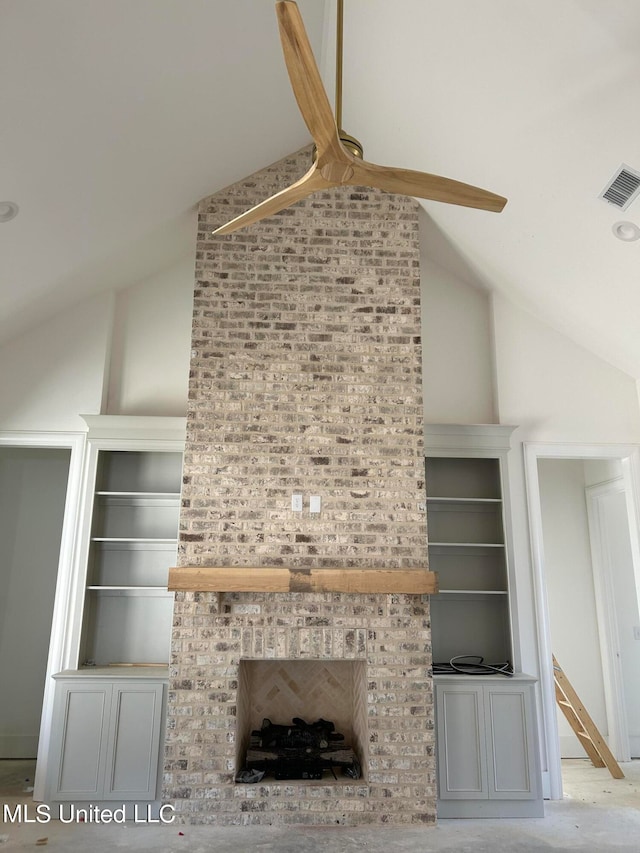 unfurnished living room featuring a fireplace and lofted ceiling