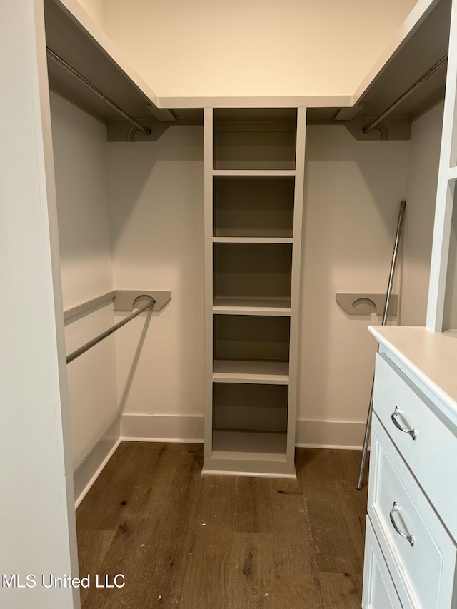 walk in closet with dark wood-type flooring