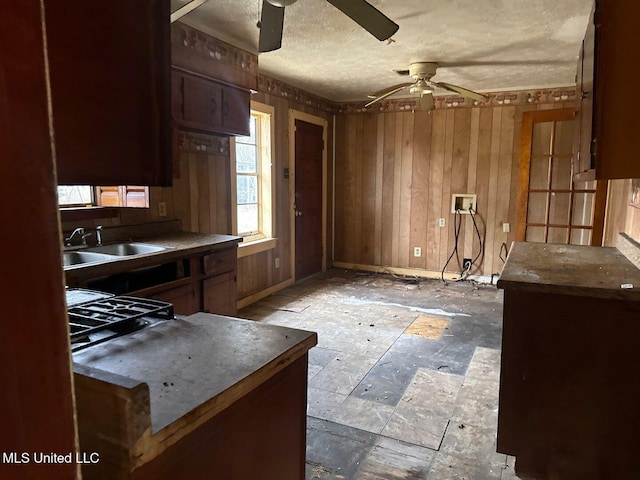 kitchen with wooden walls, ceiling fan, a textured ceiling, and a sink