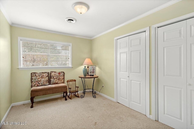 sitting room featuring light colored carpet, crown molding, and baseboards