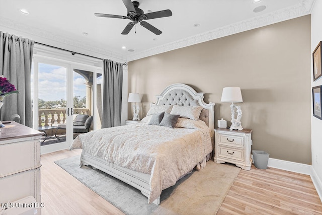 bedroom featuring ceiling fan, light hardwood / wood-style flooring, and ornamental molding