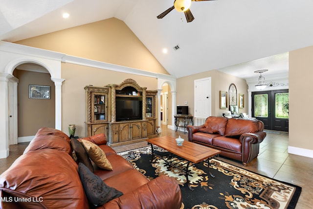 24000 Robert E Lee Rd, Lucedale, MS 39452 - tiled living room featuring decorative columns, high vaulted ceiling, ceiling fan, arched walkways, and recessed lighting
