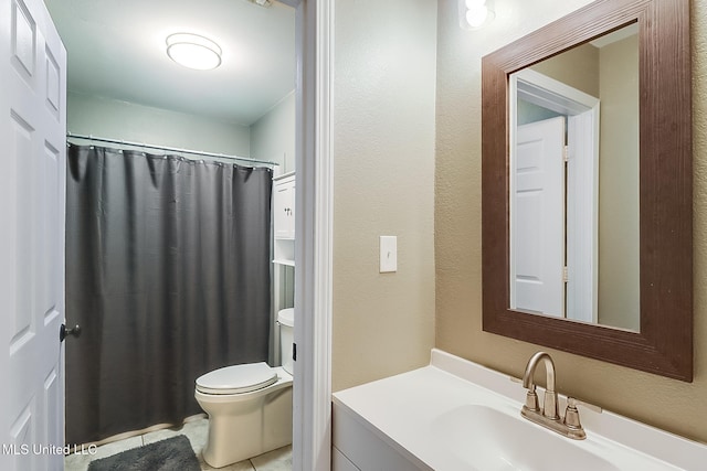 bathroom featuring a shower with curtain, tile patterned floors, toilet, and vanity