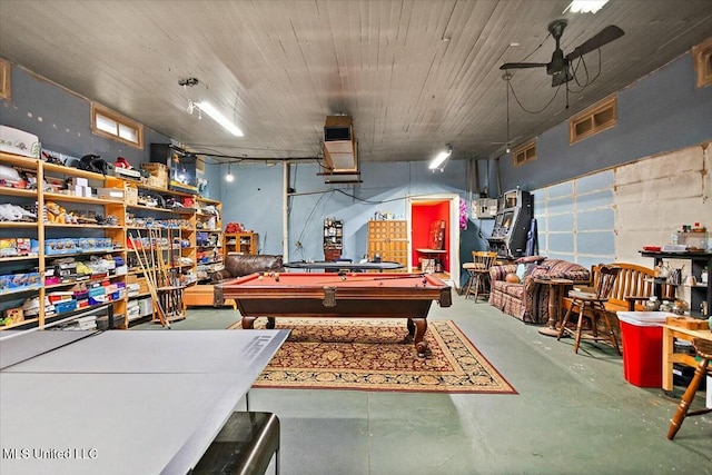 playroom featuring ceiling fan, concrete floors, and pool table