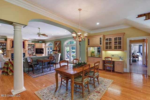 607 Tiffintown Rd, Vicksburg, MS 39183 - dining area with light wood-type flooring, a ceiling fan, decorative columns, and crown molding