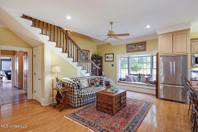 607 Tiffintown Rd, Vicksburg, MS 39183 - living area featuring stairs, light wood-type flooring, ceiling fan, ornamental molding, and recessed lighting