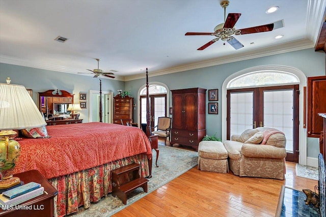 607 Tiffintown Rd, Vicksburg, MS 39183 - bedroom featuring recessed lighting, visible vents, french doors, wood-type flooring, and crown molding