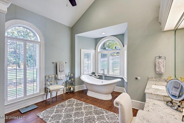 607 Tiffintown Rd, Vicksburg, MS 39183 - full bathroom featuring baseboards, wood finished floors, a freestanding bath, and ceiling fan