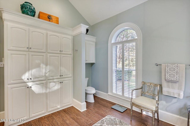 607 Tiffintown Rd, Vicksburg, MS 39183 - bathroom featuring vaulted ceiling, toilet, wood finished floors, and baseboards