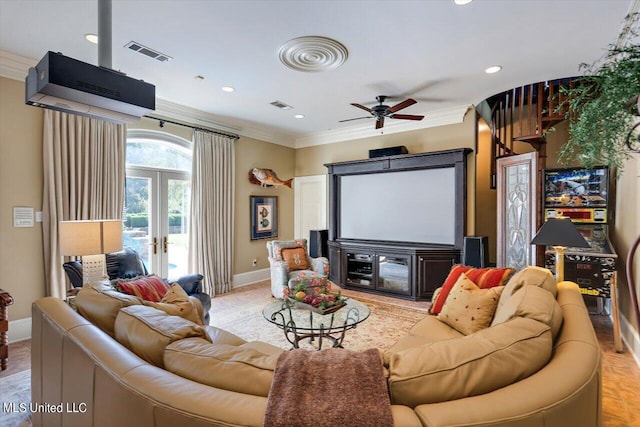 607 Tiffintown Rd, Vicksburg, MS 39183 - home theater featuring visible vents, a ceiling fan, baseboards, and french doors