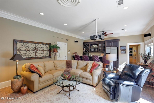 607 Tiffintown Rd, Vicksburg, MS 39183 - living room with ornamental molding, a ceiling fan, visible vents, and recessed lighting