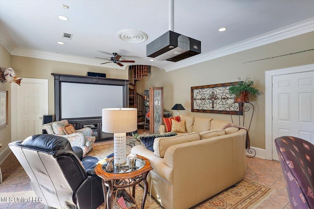 607 Tiffintown Rd, Vicksburg, MS 39183 - cinema room with a ceiling fan, crown molding, light tile patterned floors, baseboards, and visible vents