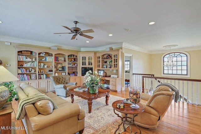 607 Tiffintown Rd, Vicksburg, MS 39183 - living area with light wood-type flooring, ornamental molding, recessed lighting, and ceiling fan