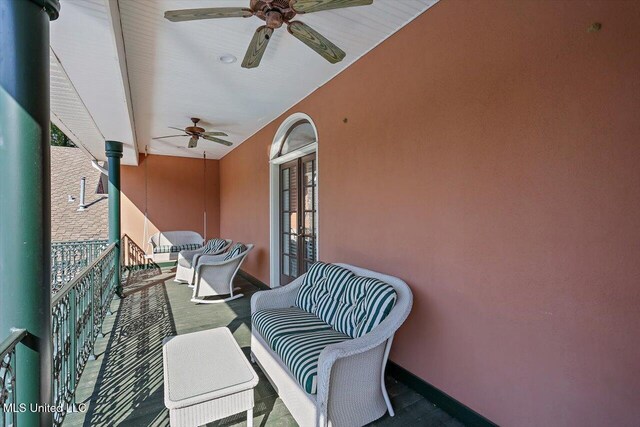 607 Tiffintown Rd, Vicksburg, MS 39183 - balcony with a ceiling fan and french doors