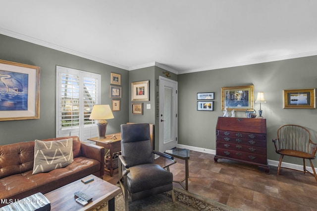 living room featuring crown molding