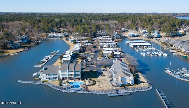 birds eye view of property featuring a water view