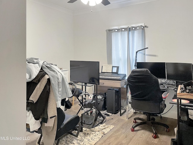 office space with ceiling fan, ornamental molding, and light hardwood / wood-style flooring