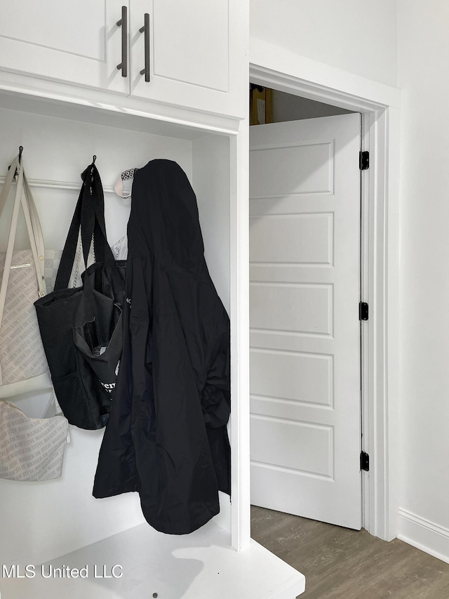 mudroom with dark hardwood / wood-style flooring