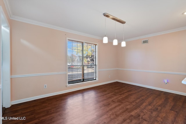 unfurnished dining area with dark hardwood / wood-style flooring and crown molding