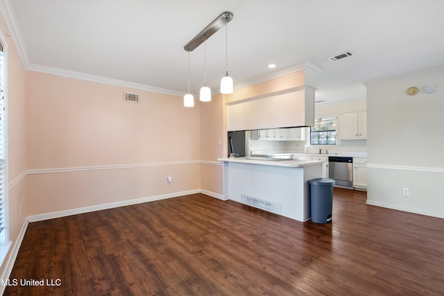 kitchen featuring kitchen peninsula, dark wood-type flooring, decorative light fixtures, dishwasher, and white cabinets