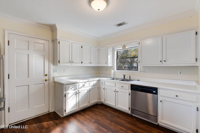 kitchen featuring dark hardwood / wood-style flooring, white cabinets, crown molding, sink, and dishwasher