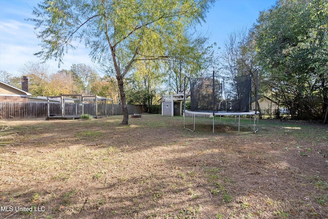 view of yard with a storage shed and a trampoline