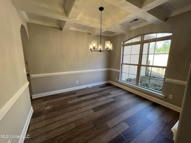145 Poplar Ln, Holly Springs, MS 38635 - spare room with arched walkways, coffered ceiling, plenty of natural light, a chandelier, and dark wood finished floors