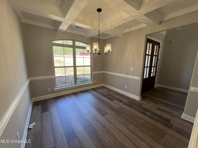 145 Poplar Ln, Holly Springs, MS 38635 - empty room featuring coffered ceiling, a chandelier, dark wood finished floors, baseboards, and beamed ceiling