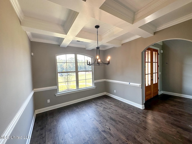 unfurnished dining area featuring beamed ceiling, dark wood-type flooring, and coffered ceiling