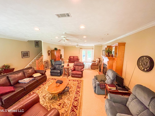 8855 Pine Springs Rd, Meridian, MS 39305 - carpeted living area featuring stairway, ornamental molding, recessed lighting, and a ceiling fan