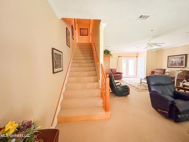 8855 Pine Springs Rd, Meridian, MS 39305 - stairs with crown molding, carpet, and ceiling fan