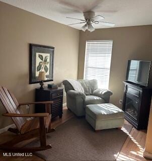 1124 Old Mobile Hwy, Lucedale, MS 39452 - living room featuring ceiling fan, a fireplace, and wood finished floors