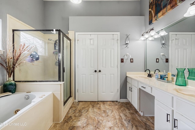 bathroom with vanity and plus walk in shower