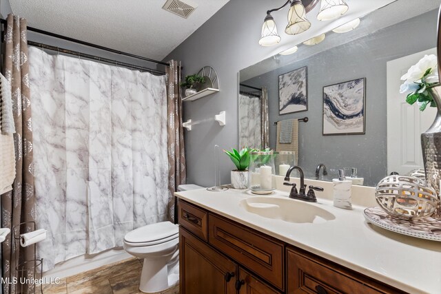 bathroom with vanity, a textured ceiling, and toilet