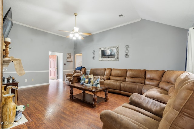 living room featuring ornamental molding, wood-type flooring, vaulted ceiling, and ceiling fan