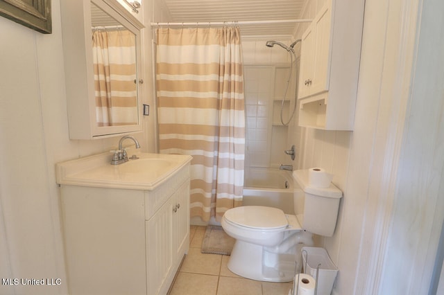 full bathroom featuring vanity, shower / tub combo, toilet, and tile patterned flooring