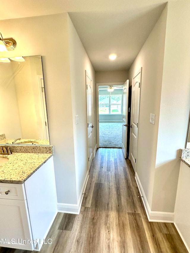 corridor with wood-type flooring and sink