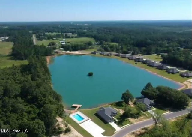 birds eye view of property featuring a view of trees and a water view