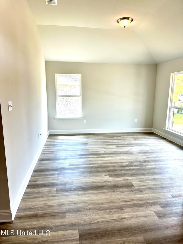 empty room with wood-type flooring, vaulted ceiling, and plenty of natural light