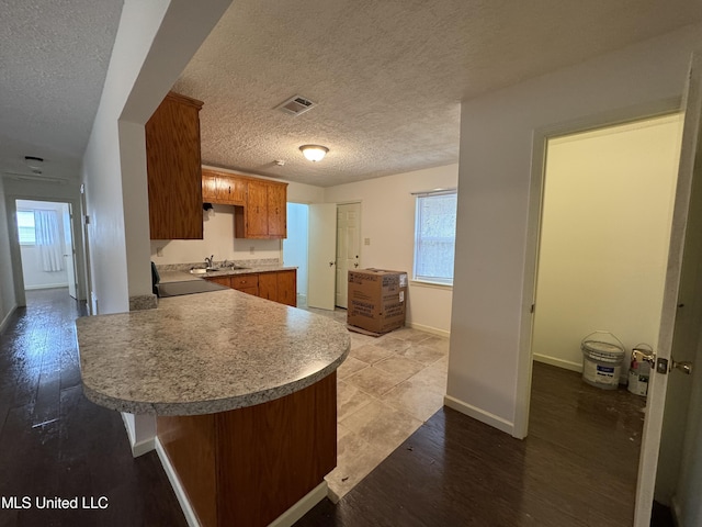 kitchen featuring sink, plenty of natural light, light hardwood / wood-style floors, and a textured ceiling