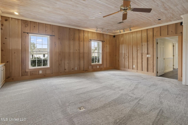 empty room with carpet flooring, wood walls, rail lighting, and wood ceiling