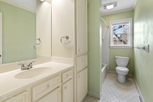 bathroom featuring tile patterned flooring, visible vents, toilet, ornamental molding, and vanity