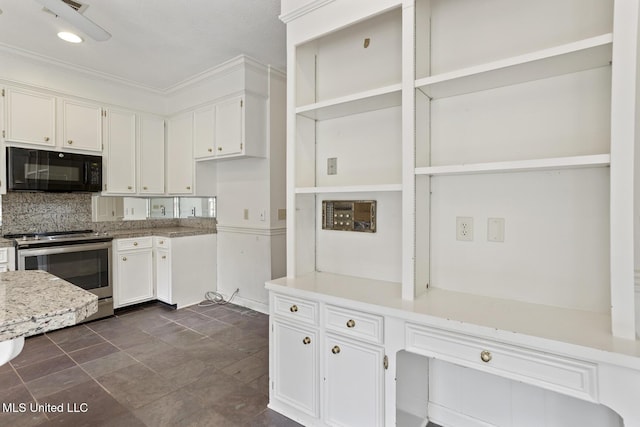 kitchen featuring open shelves, electric range, decorative backsplash, black microwave, and white cabinetry