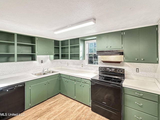 kitchen with open shelves, ventilation hood, light wood-style flooring, black appliances, and a sink