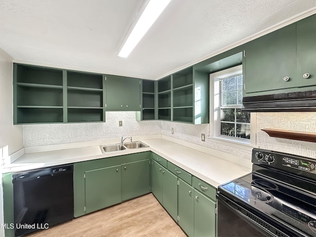 kitchen featuring green cabinetry, open shelves, a sink, black appliances, and under cabinet range hood