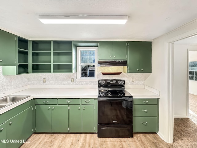 kitchen featuring light wood-type flooring, open shelves, decorative backsplash, under cabinet range hood, and black electric range oven