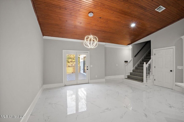 interior space featuring crown molding, wooden ceiling, and a chandelier