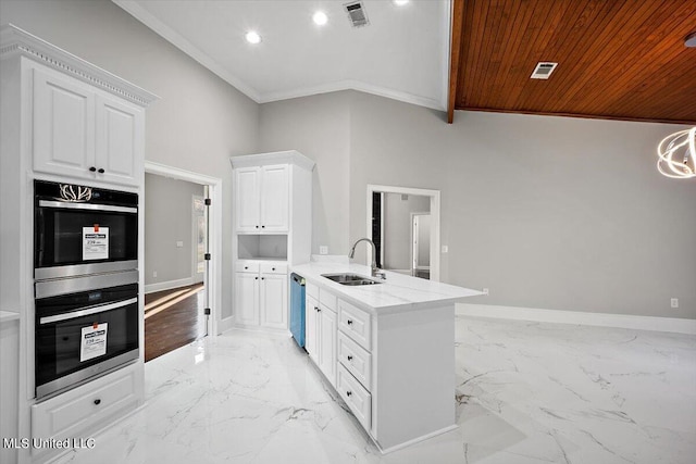 kitchen featuring wood ceiling, appliances with stainless steel finishes, sink, and white cabinets